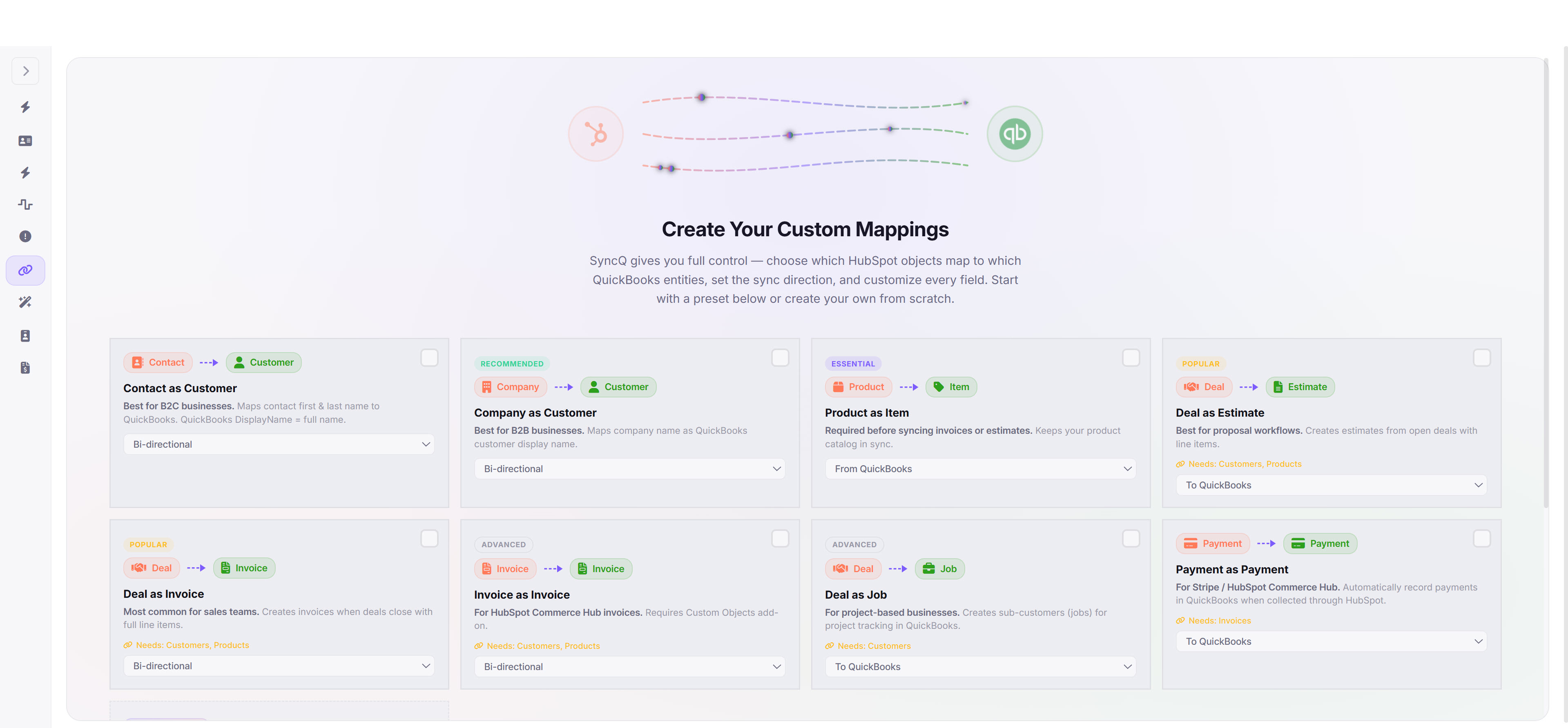 SyncQ custom mapping presets — Contact, Company, Product, Deal to QuickBooks