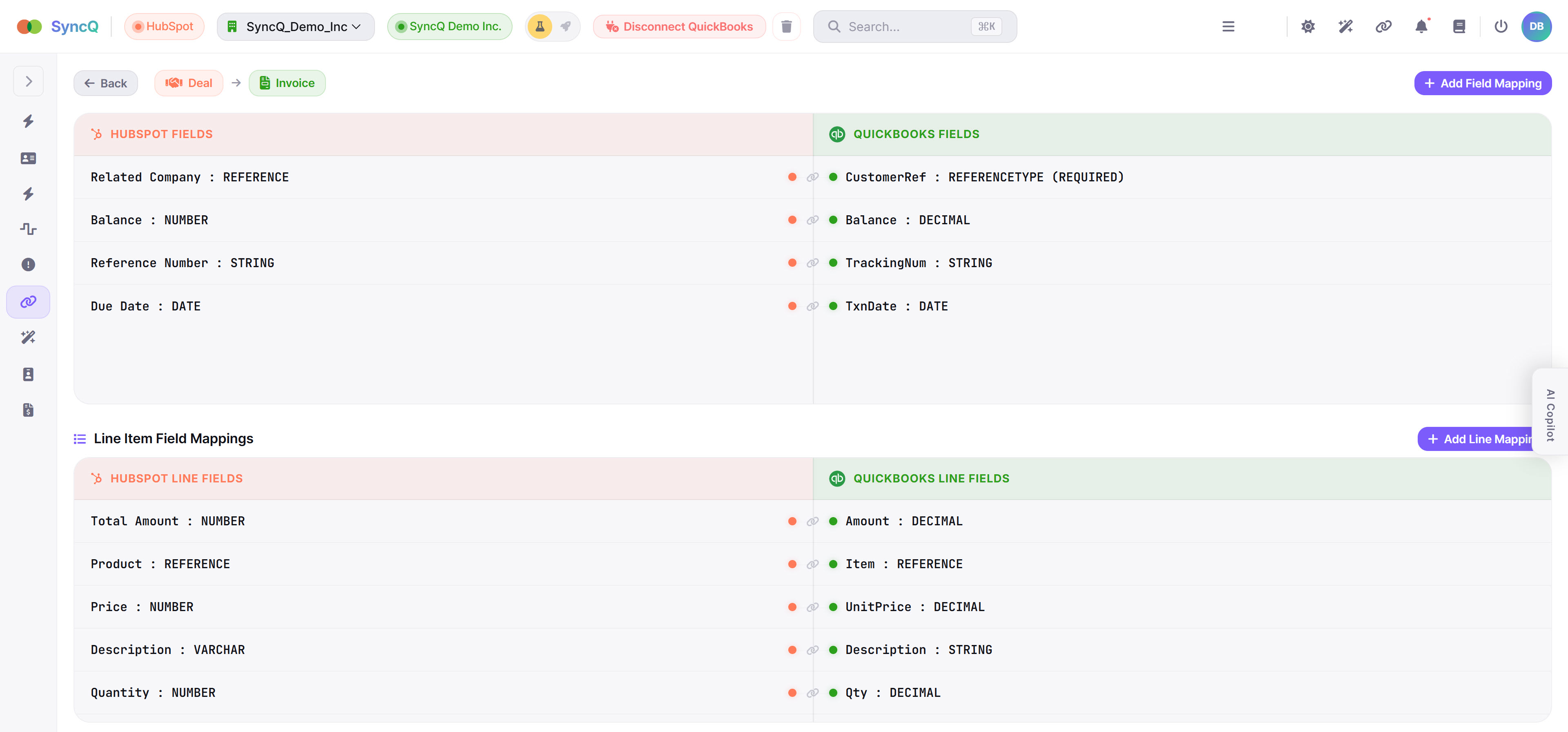 SyncQ field-level mapping — Deal to Invoice with line items
