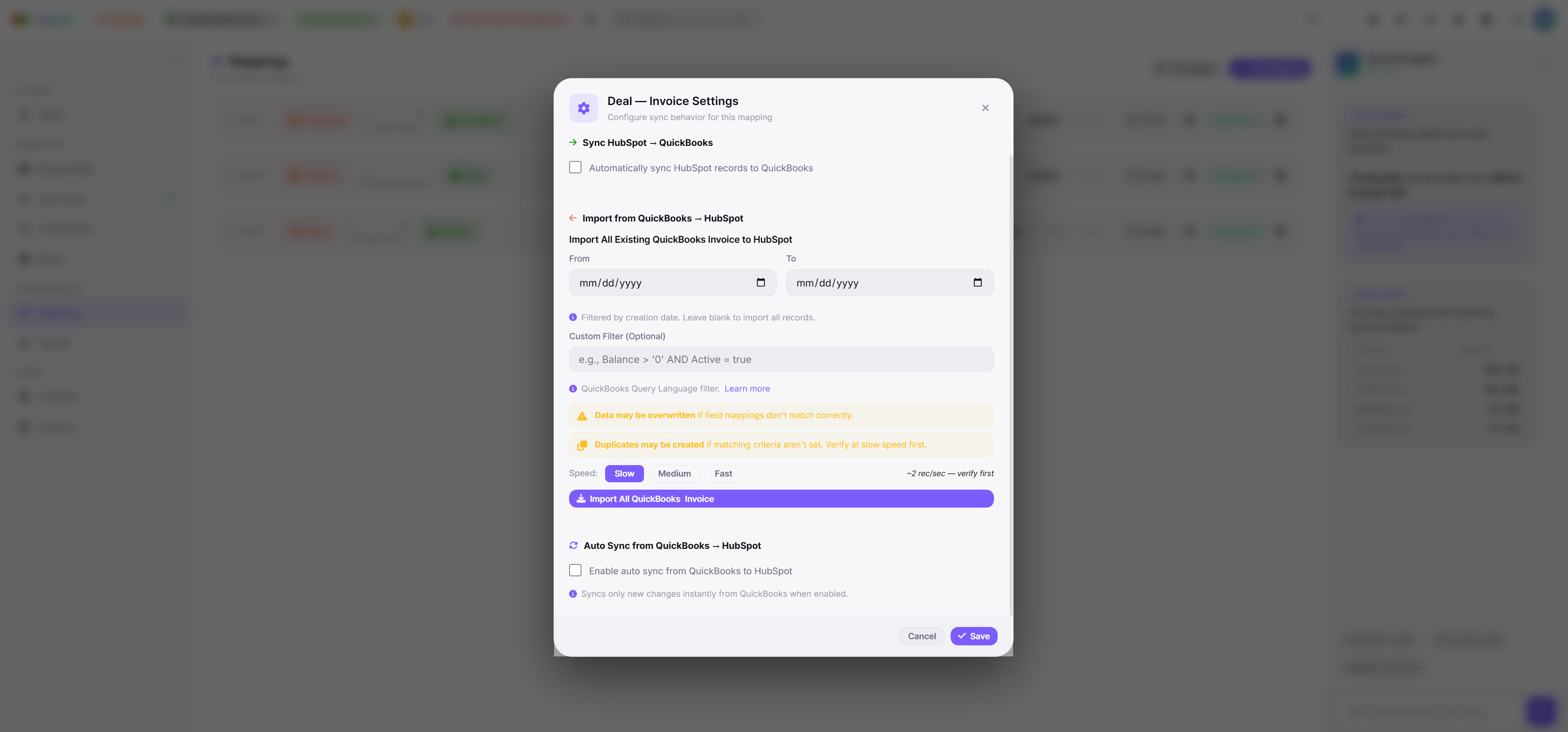 SyncQ import and auto-sync settings for Deal to Invoice