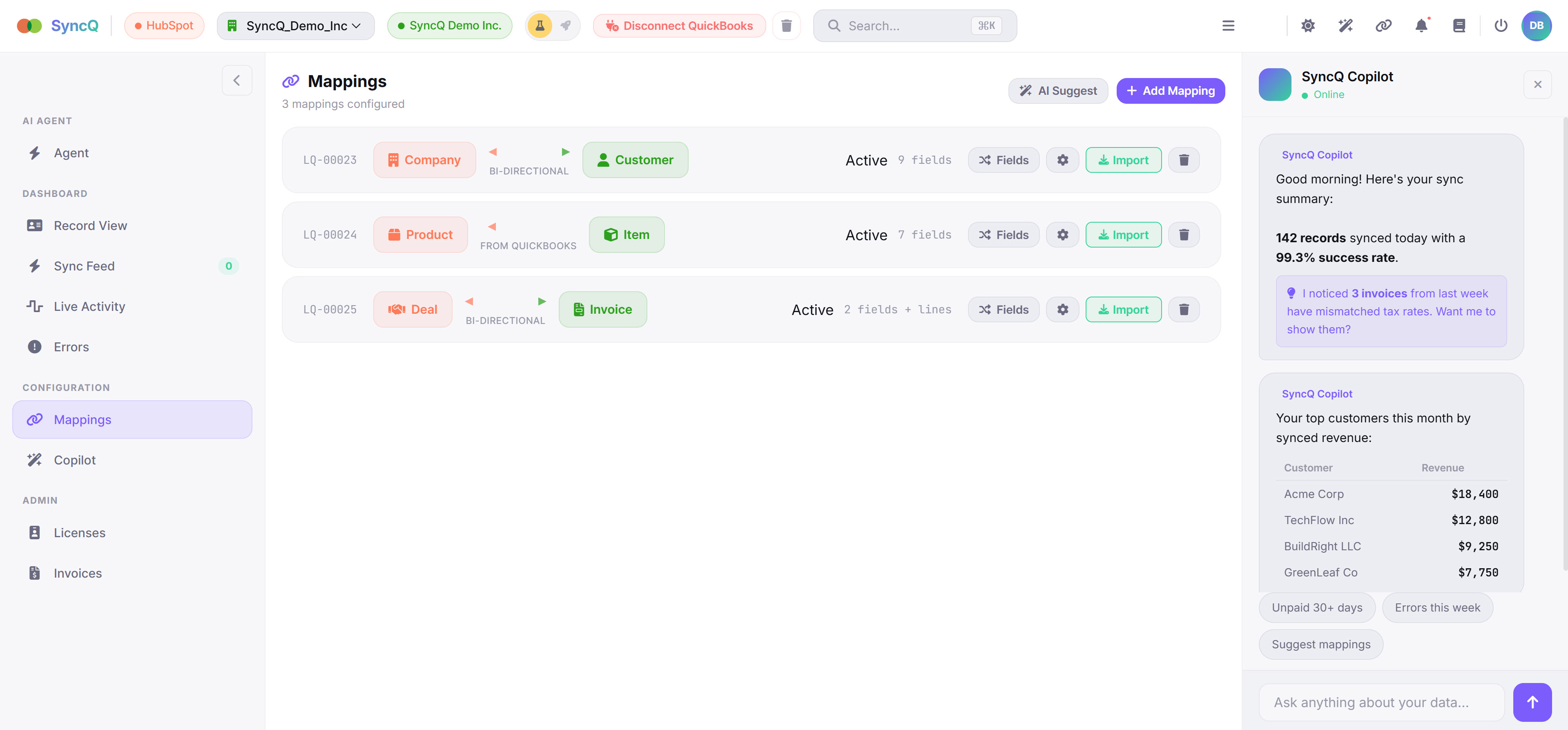 SyncQ entity mappings dashboard with AI Assistant