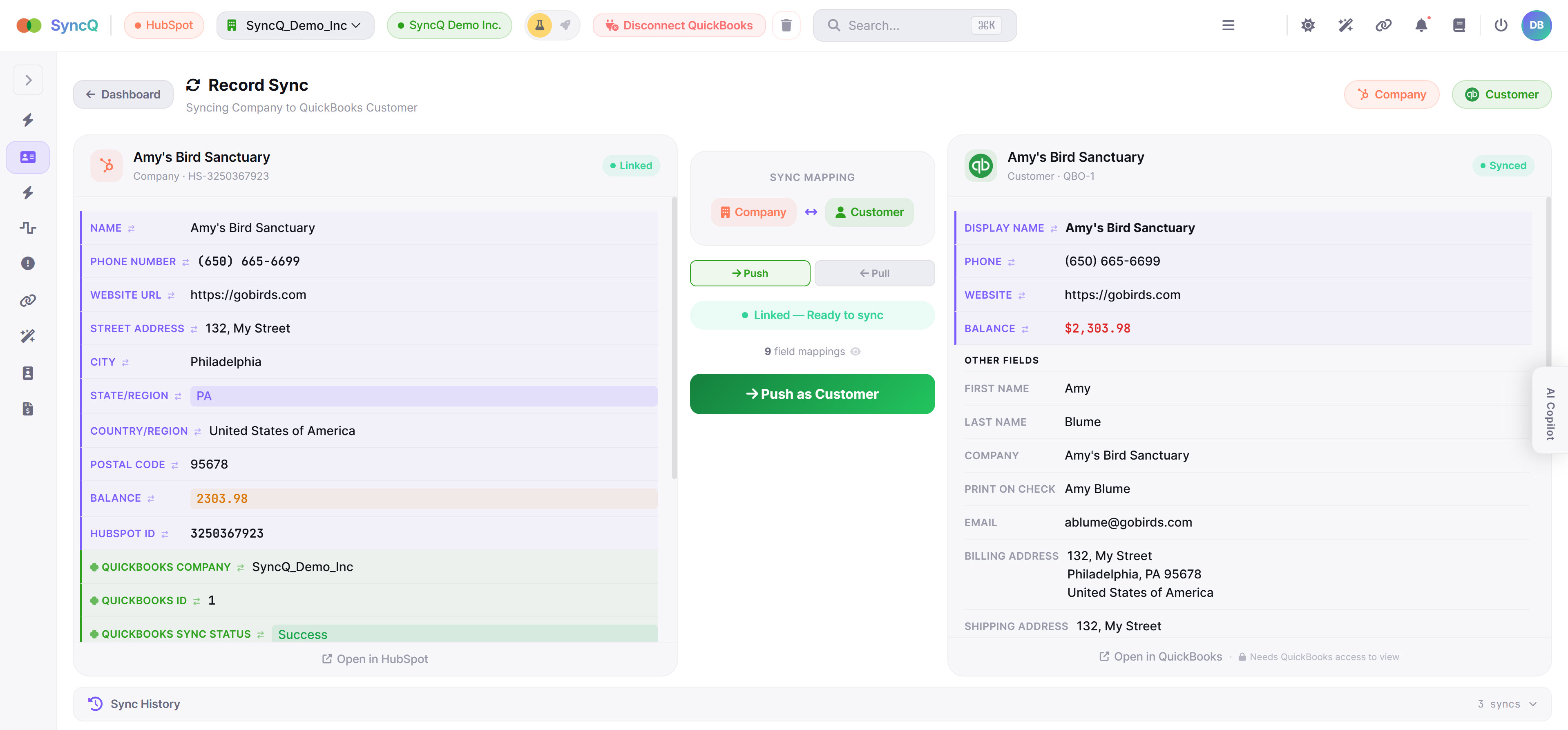 SyncQ Record Sync — side-by-side HubSpot and QuickBooks data with Push and Pull